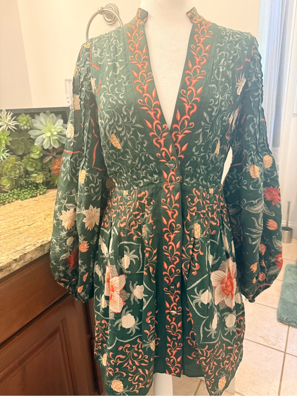 NWT! FARM Rio Green Floral Tiered Dress with Coral Accents XS